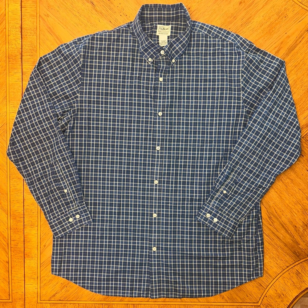 LL BEAN Shirt Mens Size XL Button Down Plaid Extra Large Blue Slightly Fitted